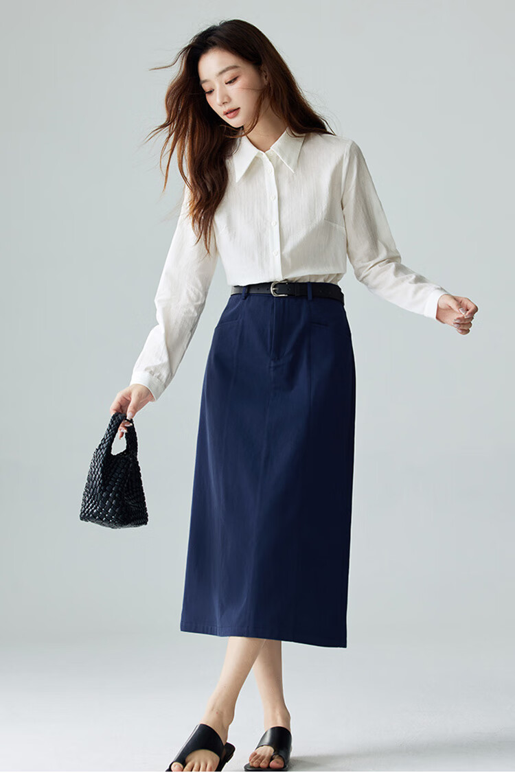 Inman Vintage Commuter Split Hem Cotton Mid-Length A-Line Skirt Autumn Women's Dark Blue - M 1