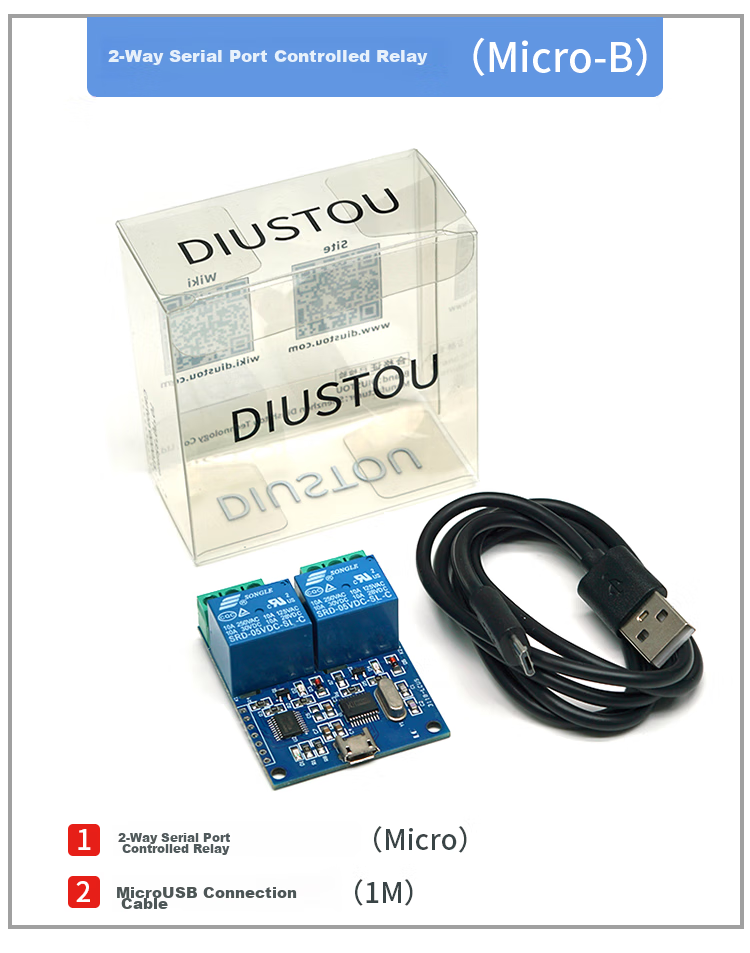 Diushitou 2-Channel USB Relay, Industrial Grade, Optical Coupling Protection, Supports TTL Serial Control, Includes Data Cable And Dupont Wire, Convenient for Testing And Control, DSTUR-T20 12