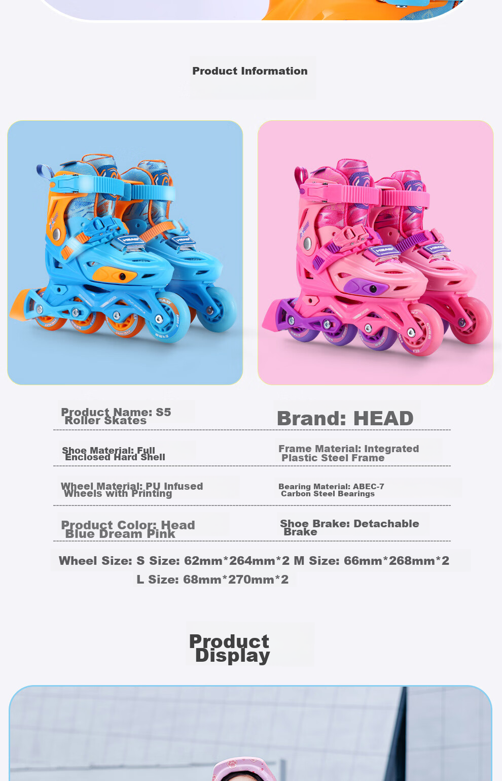 HEAD Professional Roller Skates for Children, Boys And Girls Beginners, Inline Skates, Flat Flower Casual Ice Skates, S5 Pink, Size L 16