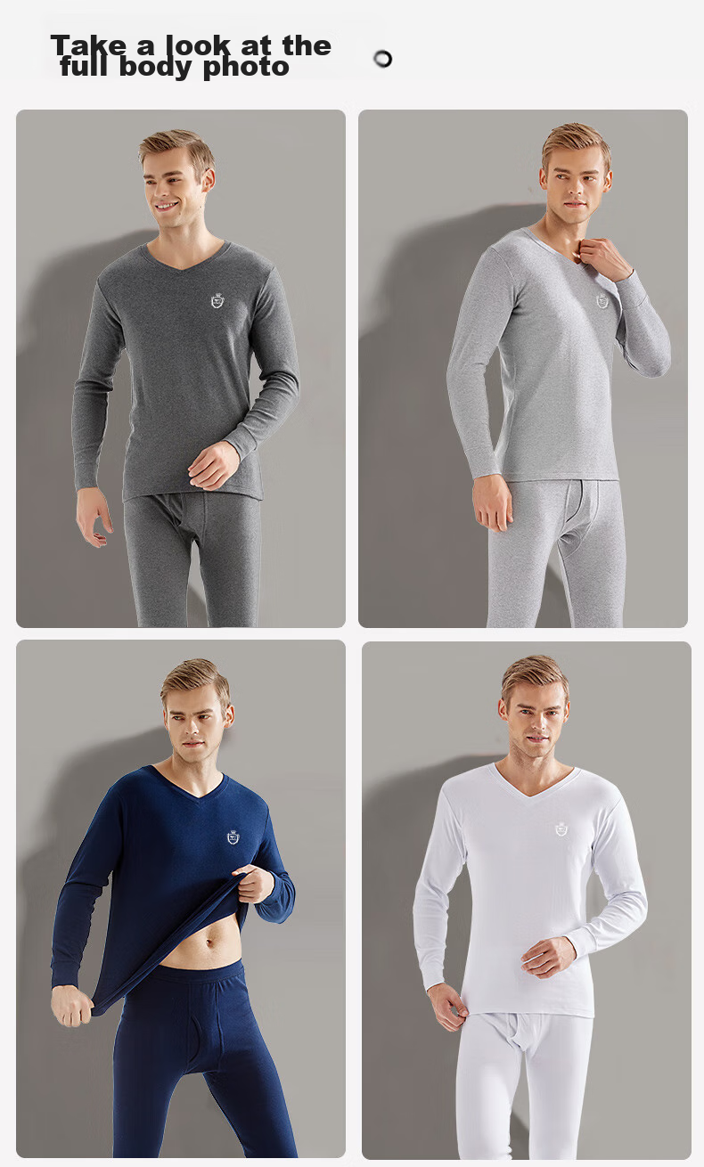 SEPTWOLVES [Antibacterial] Men's Autumn And Winter Thermal Underwear Set, Pure Cotton V-Neck Long Johns And Pants 25