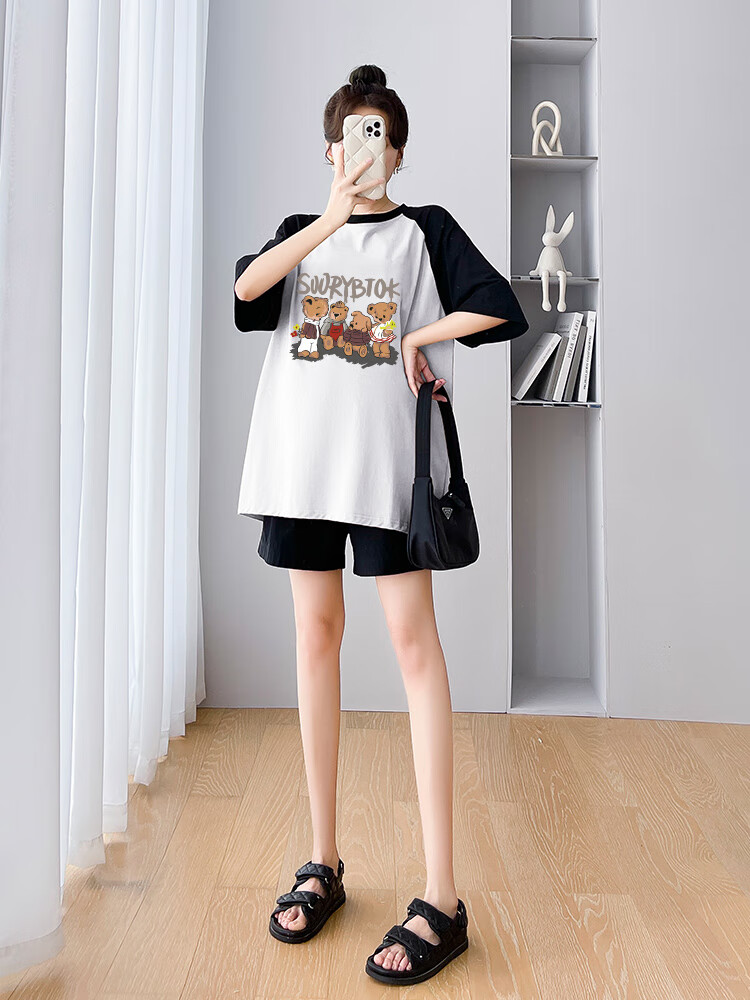 JOYNCLEON Maternity Summer Thin Loose Raglan Sleeve Printed T-Shirt and Versatile Shorts Set White L Jtz158115 24