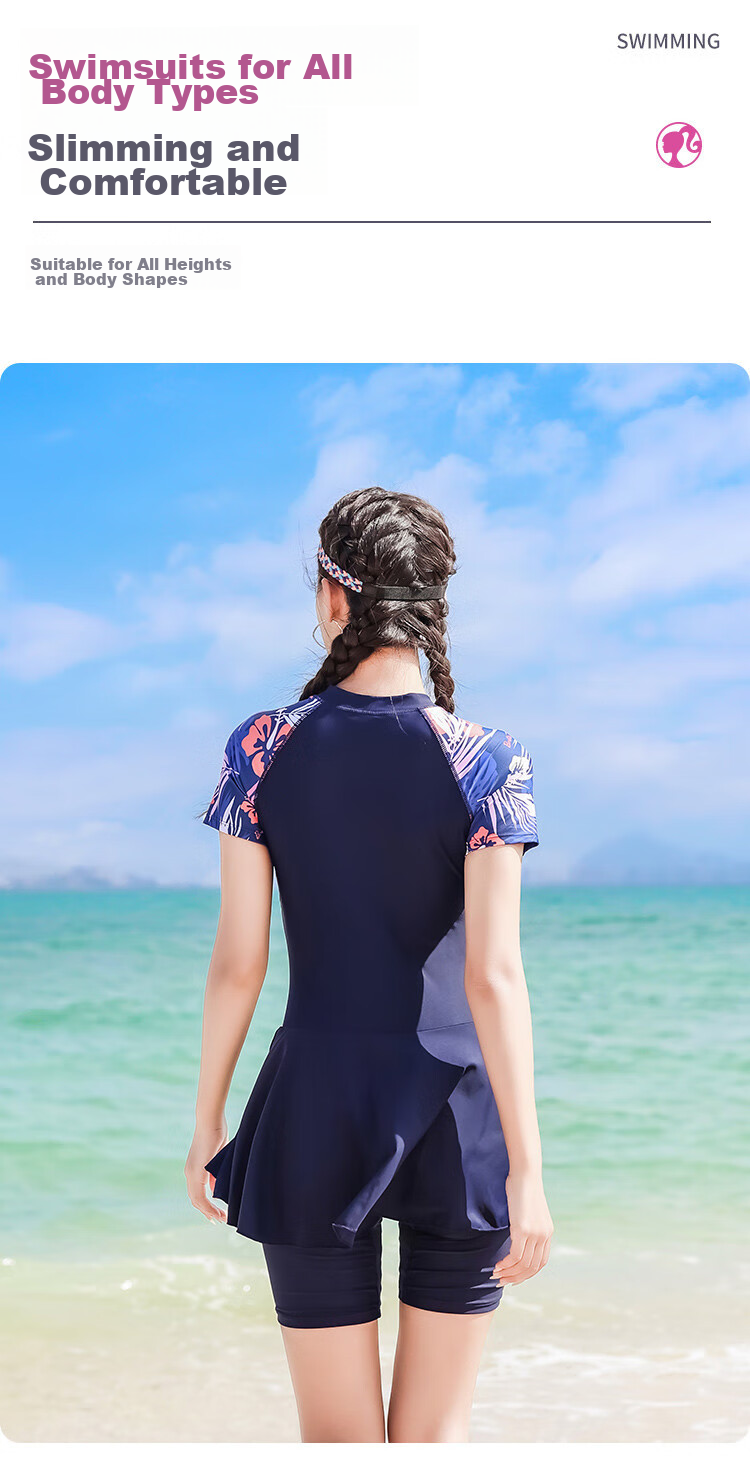 Barbie One-Piece Swimsuit for Women, Boyshort Five-Point Swimwear, Fashionable Tummy Control Slimming Conservative Plus Size Beach Vacation Swimwear 3