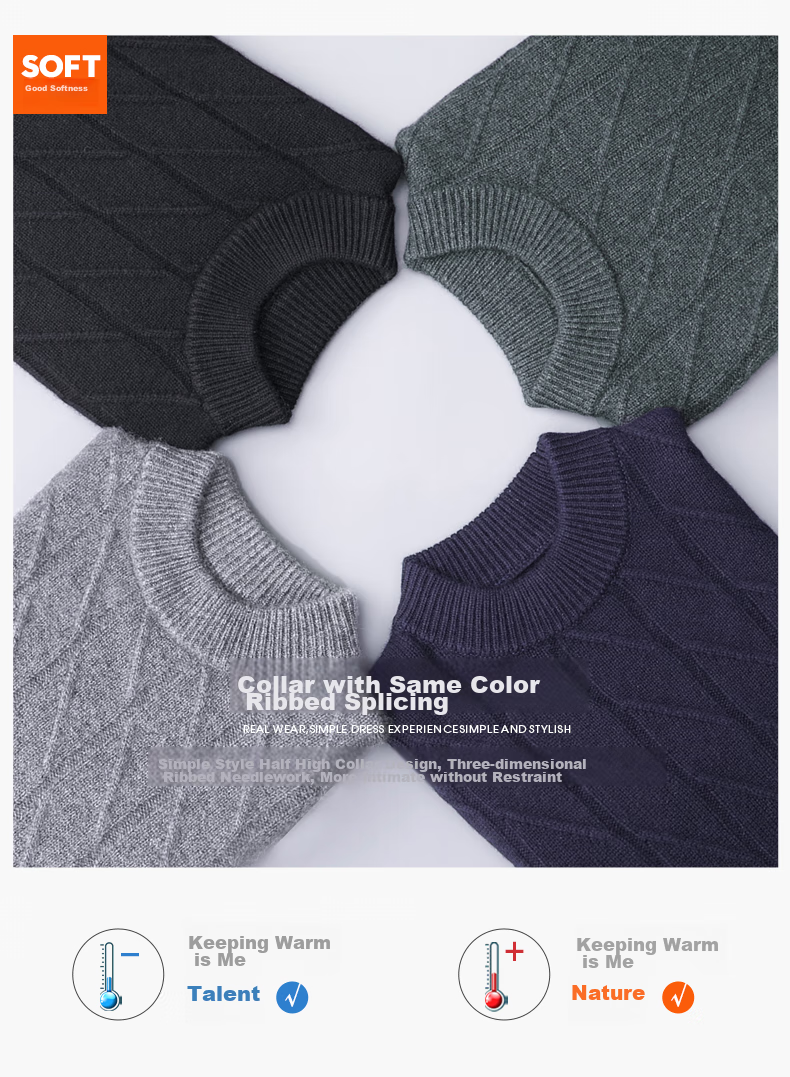 Hengyuanxiang Men's Cashmere Sweater, Autumn And Winter Thickened 100% Pure Cashmere, Business Casual Base Layer Knit Sweater, Winter Warm Clothing 7