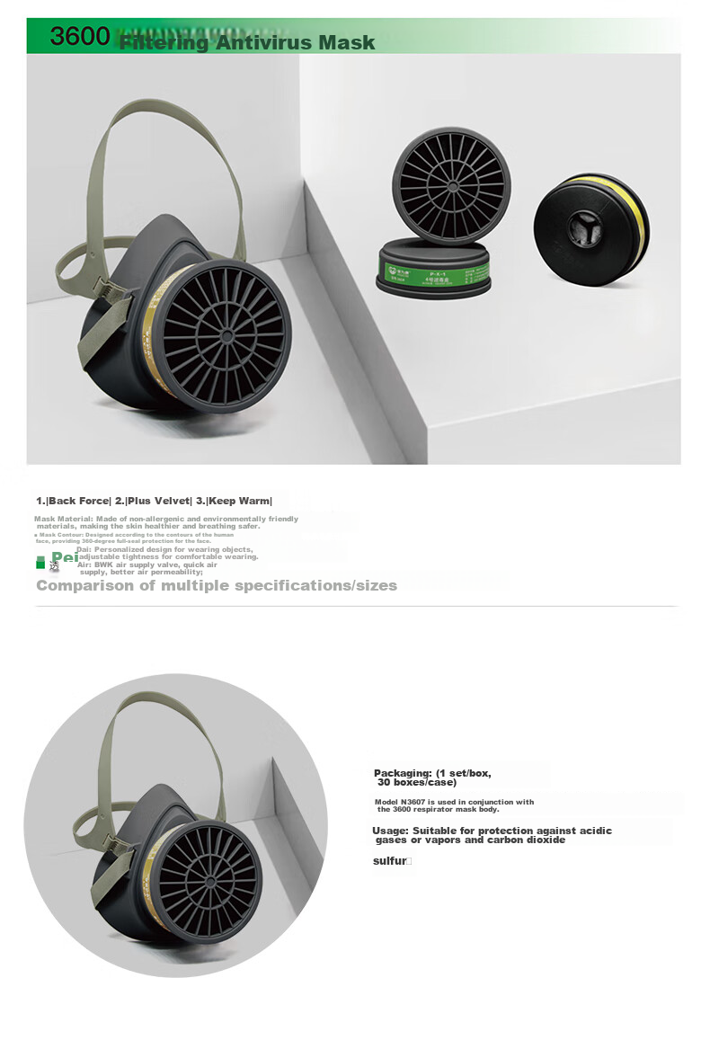 Baowei Kang 3600E Gas Mask Dust Mask Sulfur Dioxide Acidic Gas E1 Type Filter Cartridge Organic Pesticide Sulfur Protective Gas Mask (Set + Buckle + 20 Filter Cotton) 7