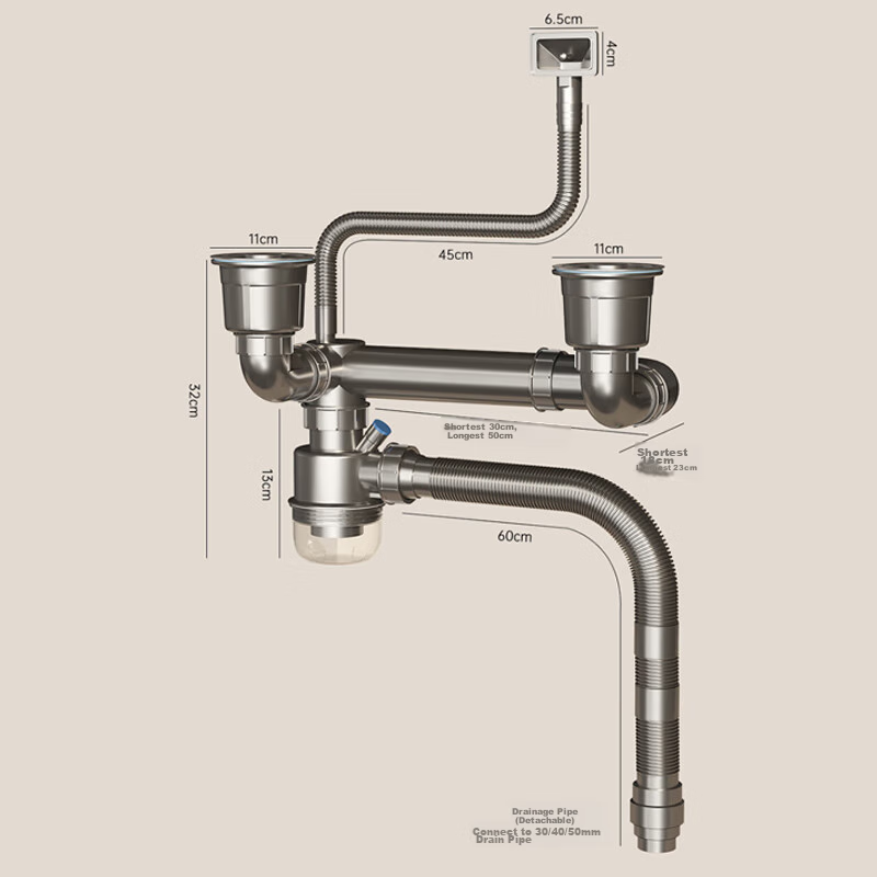 DU PONT Kitchen Sink Drain Pipe Fittings, Sink Drain Assembly, Double Sink Drainage System, Pipe Set for Washing Dishes And Vegetables, PJ022