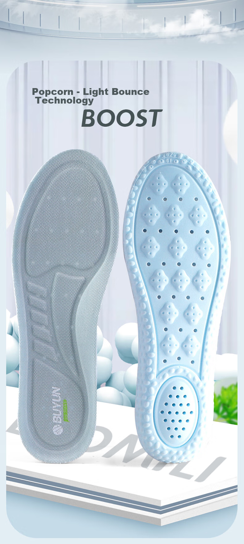 Buyun [4 Pairs] Insoles for Men, Sweat-Absorbing, Odor-Eliminating, Breathable, Soft And Elastic, Essential for Sports And Military Training, Anti-Pain Insoles, Gray And Blue 3