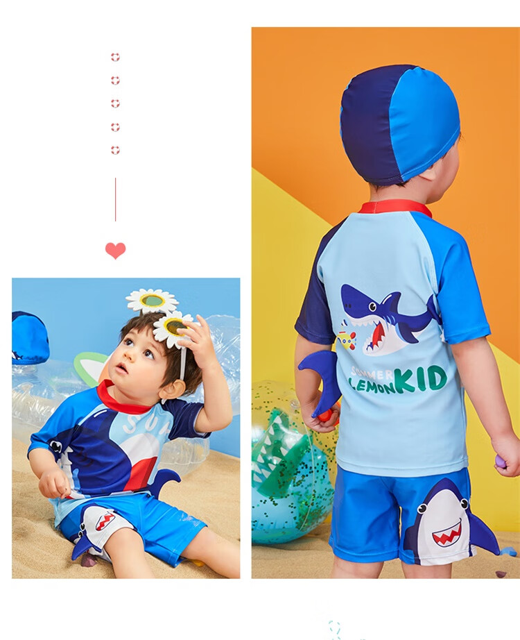 Lemonkid Children's Two-Piece Swimsuit Set for Boys And Girls, Baby Swimwear with Trunks, Sea Blue Funny Shark Design, Size 130 17