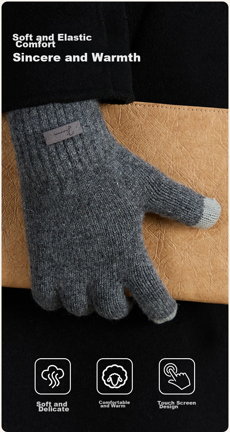 JIUMU Wool Thermal Gloves for Men, Winter Thickened Cold-Proof Touchscreen Compatible Knitted Woolen Gloves 4