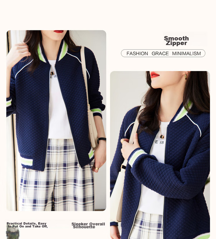 Dme Knitted Chanel-Style Spring And Autumn Baseball Collar Long-Sleeve Zipper Slightly Stretchy Quilted Jacket for Women, Short Style, Off-White, M 24