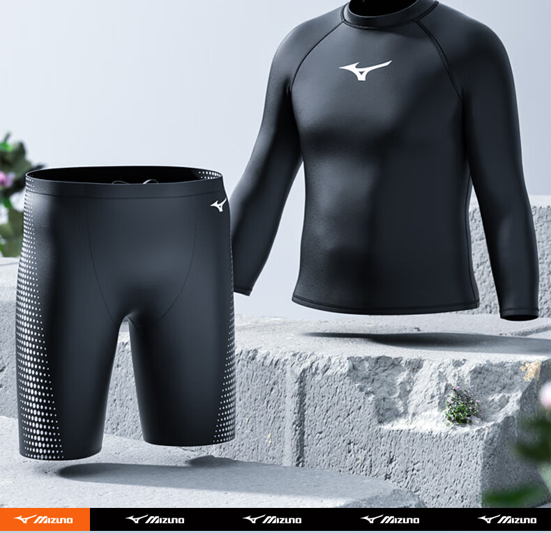 MIZUNO Men's Swimwear Set: Quick-Dry Chlorine-Resistant Anti-Embarrassment Long-Sleeve Swimsuit And Shorts Summer Sports Gear 1127 Black L 2