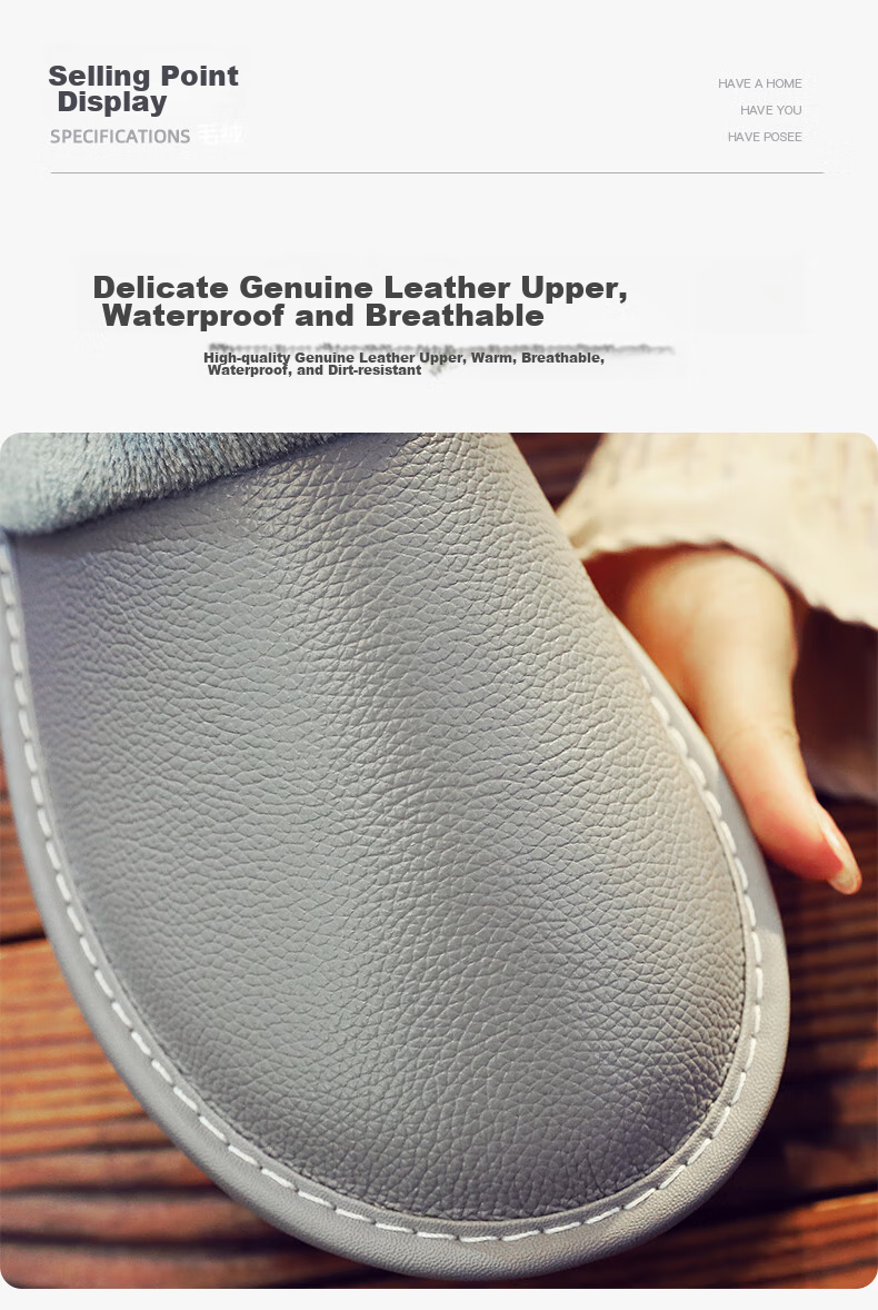 GUOLUOFEI Autumn And Winter Cowhide Slippers for Men And Women, Indoor Non-Slip Warm Genuine Leather Cotton Slippers, Wine Red, Size 40-41 5