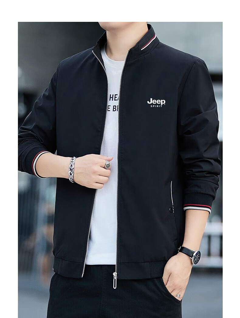 JEEP SPIRIT Men's Jacket, Spring And Autumn Outerwear, Solid Color Stand-Up Collar, Business Versatile Loose Casual Wear, Black, L 14