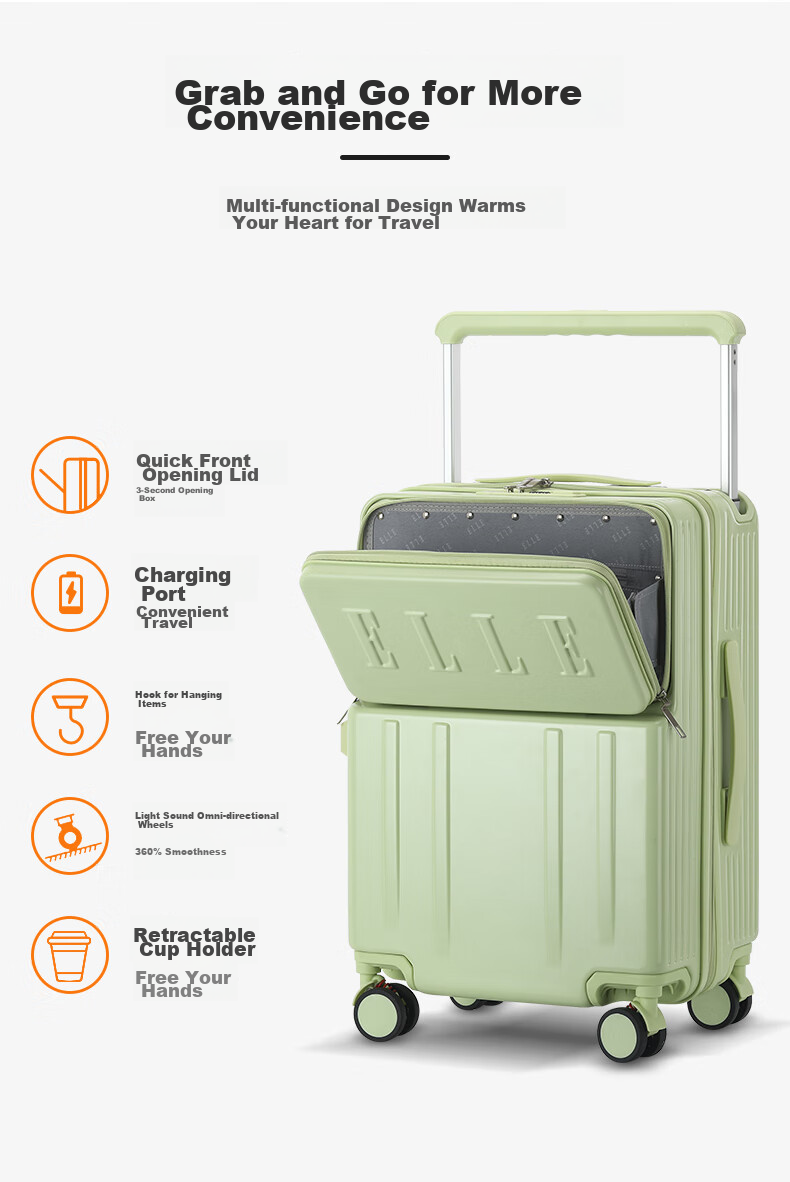 ELLE Front-Opening Luggage with Wide Handle, Large Capacity Travel Suitcase, Fashionable Password Lock, Check-In Case, 24-Inch, Gree 4