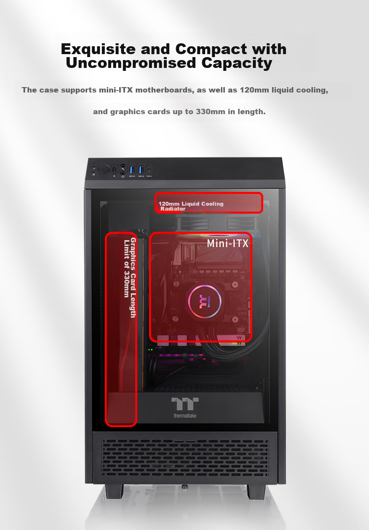 Thermaltake (Tt) The Tower 300 Seaside View Case, Computer Tower, Black (Matx Motherboard / Supports 420mm Water Cooling / 4090 Graphics Card / Horizontal Lying) 7