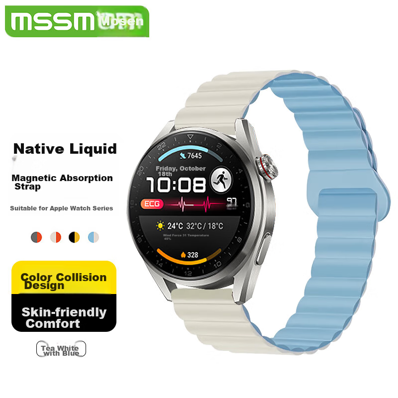 Ремешок MSSM для Huawei Watch 5/4 Pro/GT6/6 Pro/5/4/3 GT5 Pro, силиконовый, с магнитной петлей, цвет белый с синим, размер 22 мм