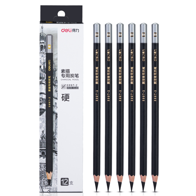 Deli Sketching Charcoal Pencils for Beginners, Soft Medium And Hard Three Levels of Hardness, Drawing Art Supplies for Students, 12 Pencils/box S997A, Doodling And Line Drawing, Graduation Gift for Boys And Girls