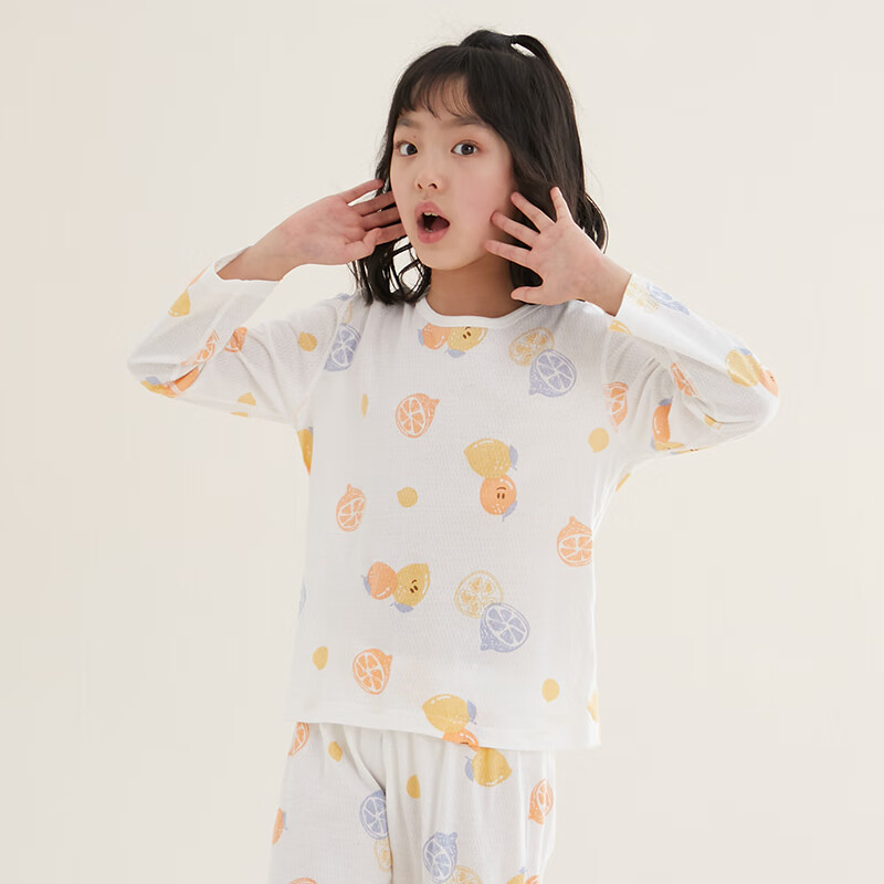 Hodo Children's Pajamas, Boys And Girls Spring And Summer Thin Pure Cotton Home Wear Set, Long-Sleeve Pants Air Conditioning Suit J3112 White 150