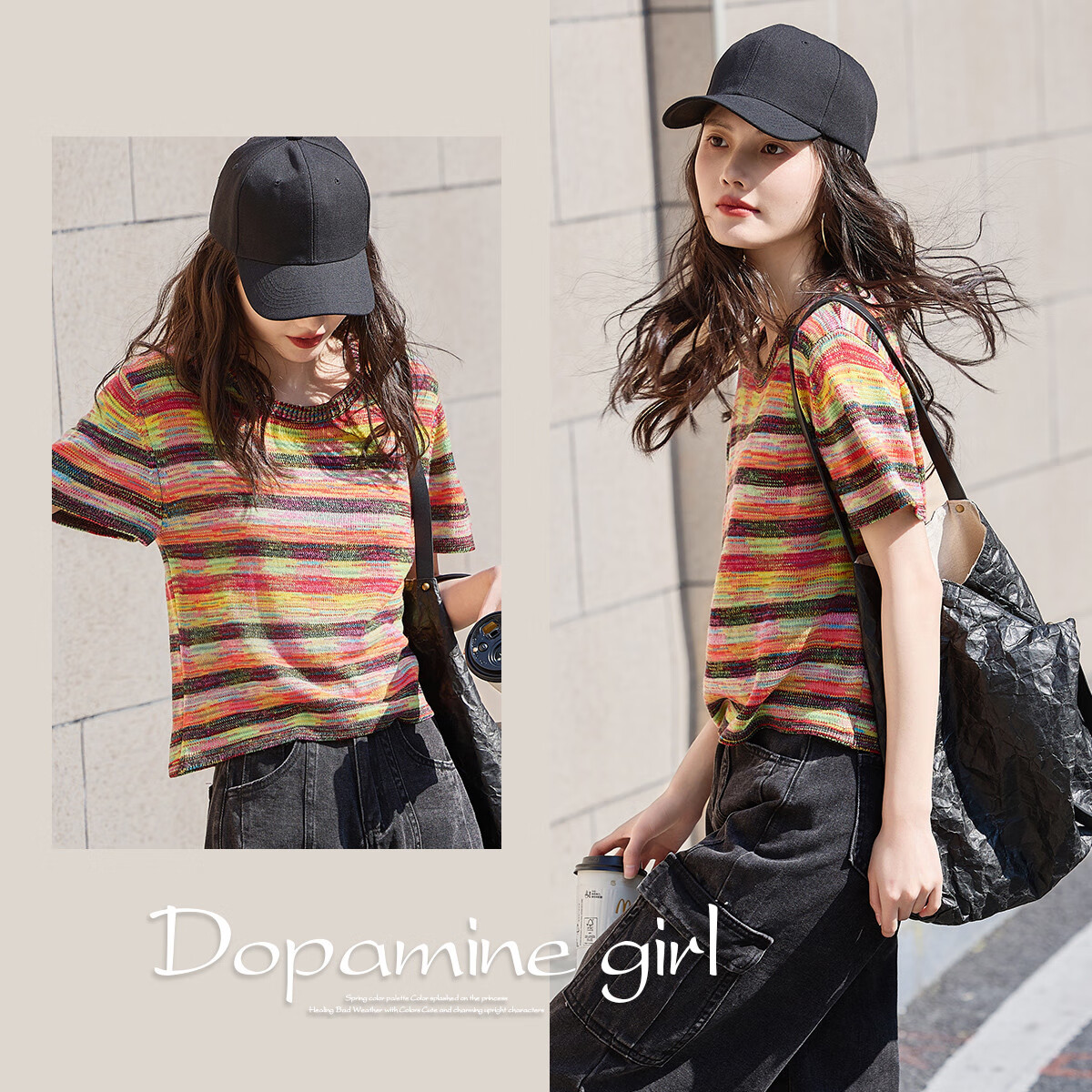 Dme [Segment-Dyed Yarn Contrasting Color New Fashion] Summer Youthful Round Neck Sweater, Striped Short-Sleeve Knit Top for Wome