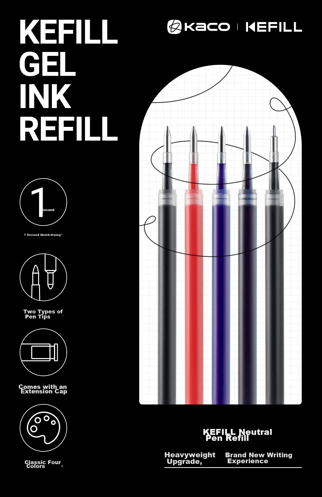 KACO Wensaiya Push-Button Refill 0.5, Gel Pen Refill, Double Ball Quick-Drying, Black, Pack of 10 1