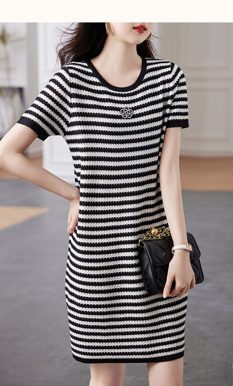 Dme [Ice Silk Dress], Summer Pullover Slightly Stretchy Contrasting Color Knitted Short-Sleeve Dress 16