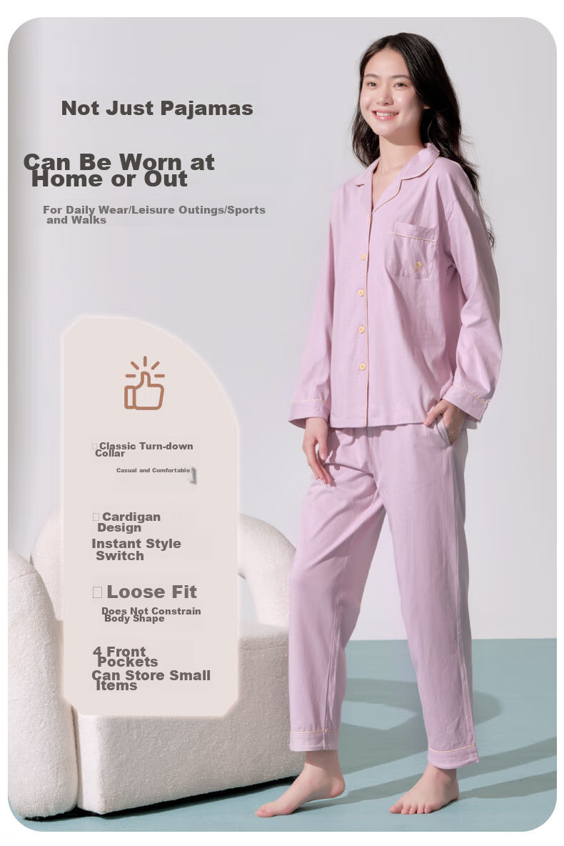 Yiershuang [100% Pure Cotton] Women's Loungewear Set, Suitable for Home Wear Or Outdoor Use, Turndown Collar, Long Sleeves, Long Pants, Pajamas for Wome 2
