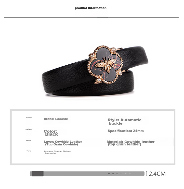 CROCODILE Top-Grain Genuine Leather Versatile Women's Automatic Buckle Belt, Exquisite Bee Buckle Waist Belt, 12821 Black 9