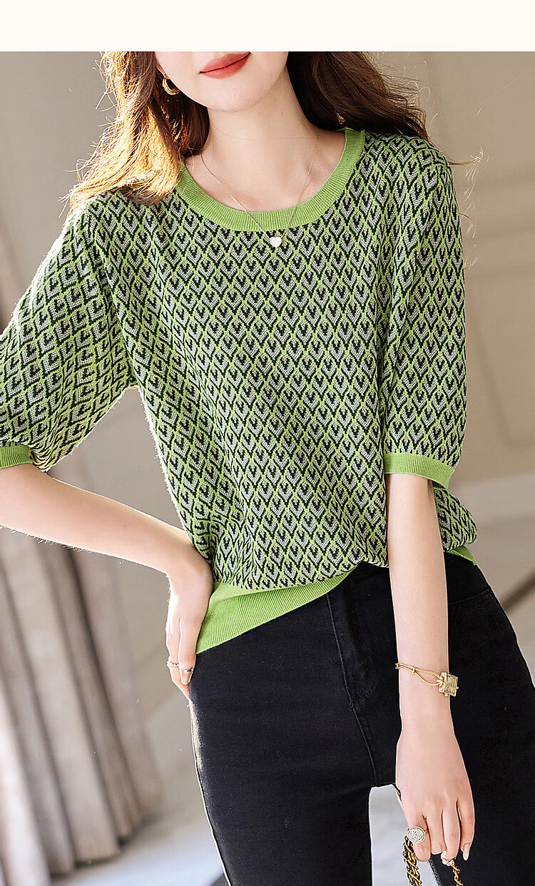 Dme [Dopamine Outfit] Summer New Girly Round Neck Diamond Pattern Knit Sweater, Golden Thread Jacquard Knitted Top for Wome 14