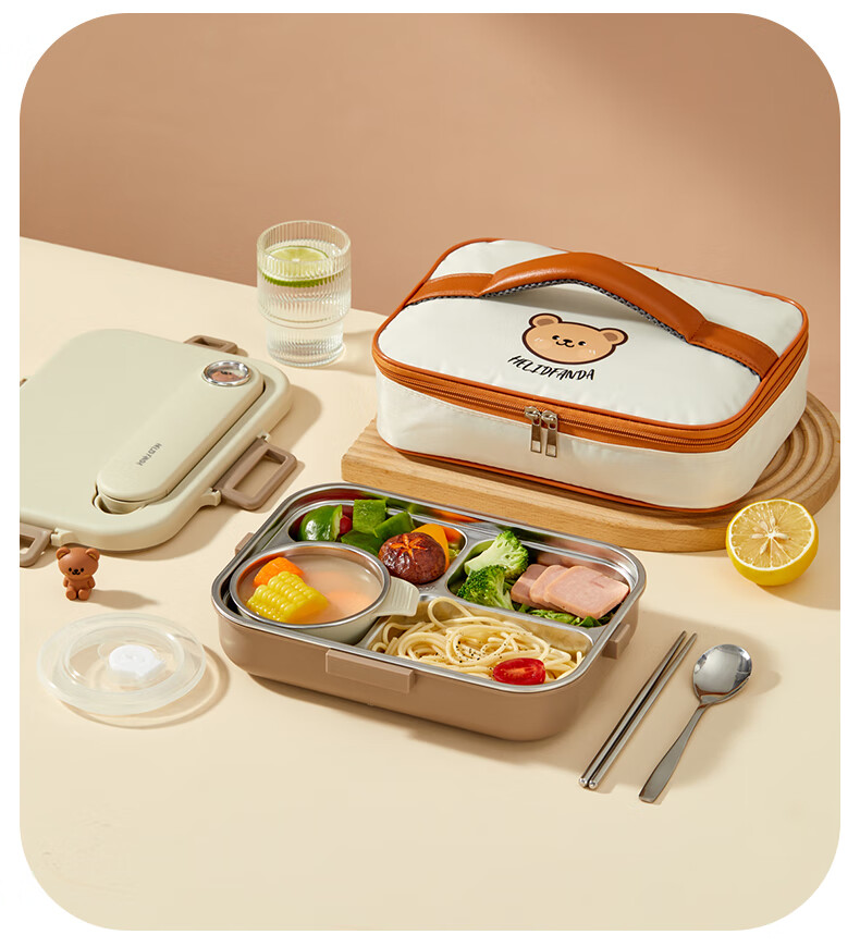 WORTHBUY 304 Stainless Steel Lunch Box for Office Workers, Meal Container with Compartments for Students' Cafeteria, Rice Serving Tray, Beige with 5 Compartments + Bag 12