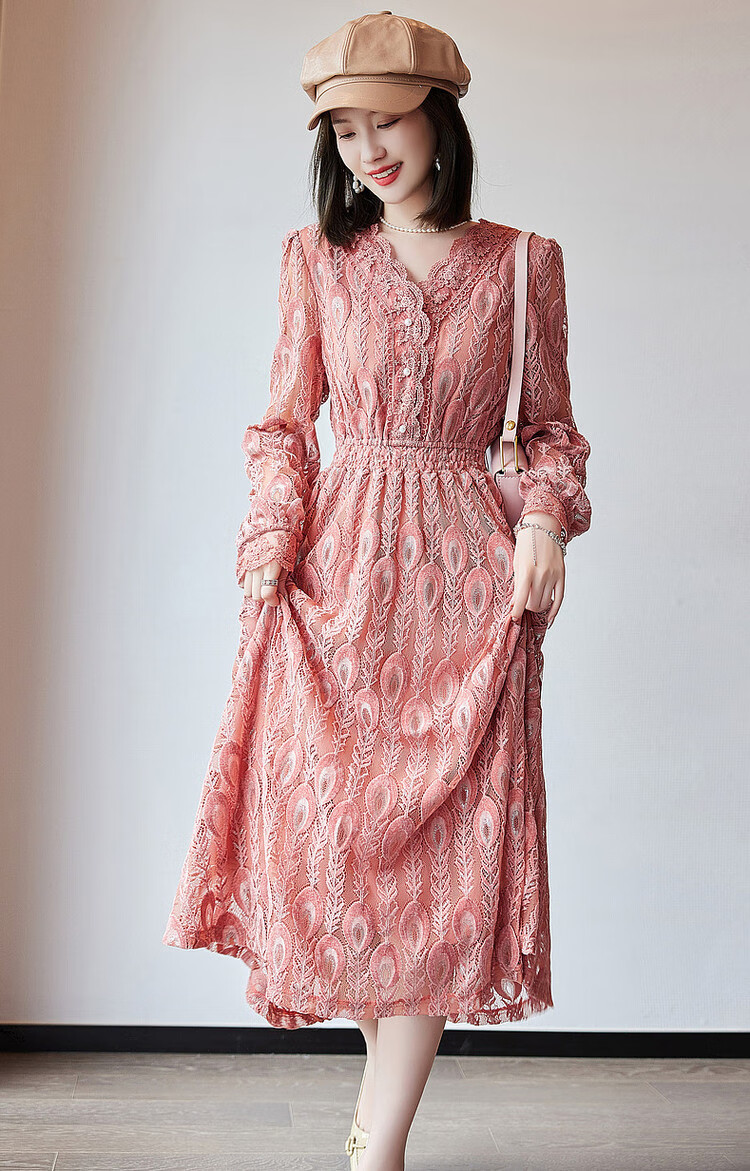 Dme [Retro Lace Design] Autumn French V-Neck Elastic Waist Puff Sleeve Midi Dress for Wome 9