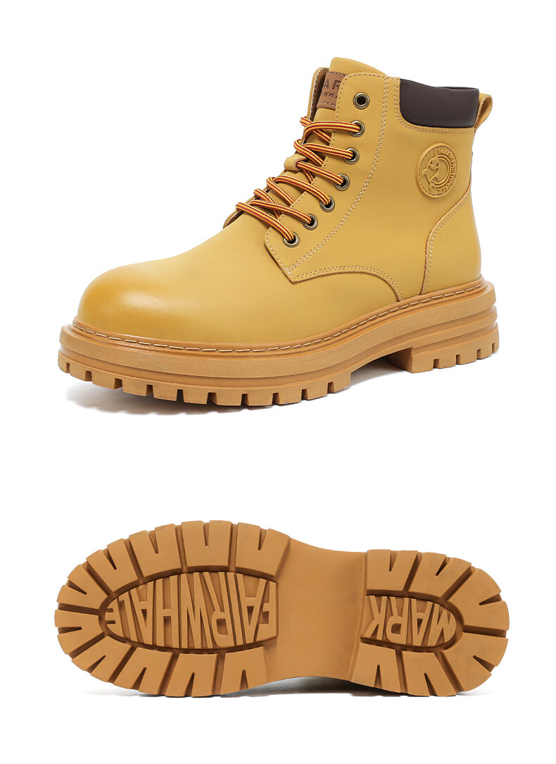 MARK FAIRWHALE Men's New Martin Boots, All-Season Style, Cotton Shoes, Thickened Heightening Work Boots, Motorcycle Men's Shoes, Ginger Yellow, Size 43 16