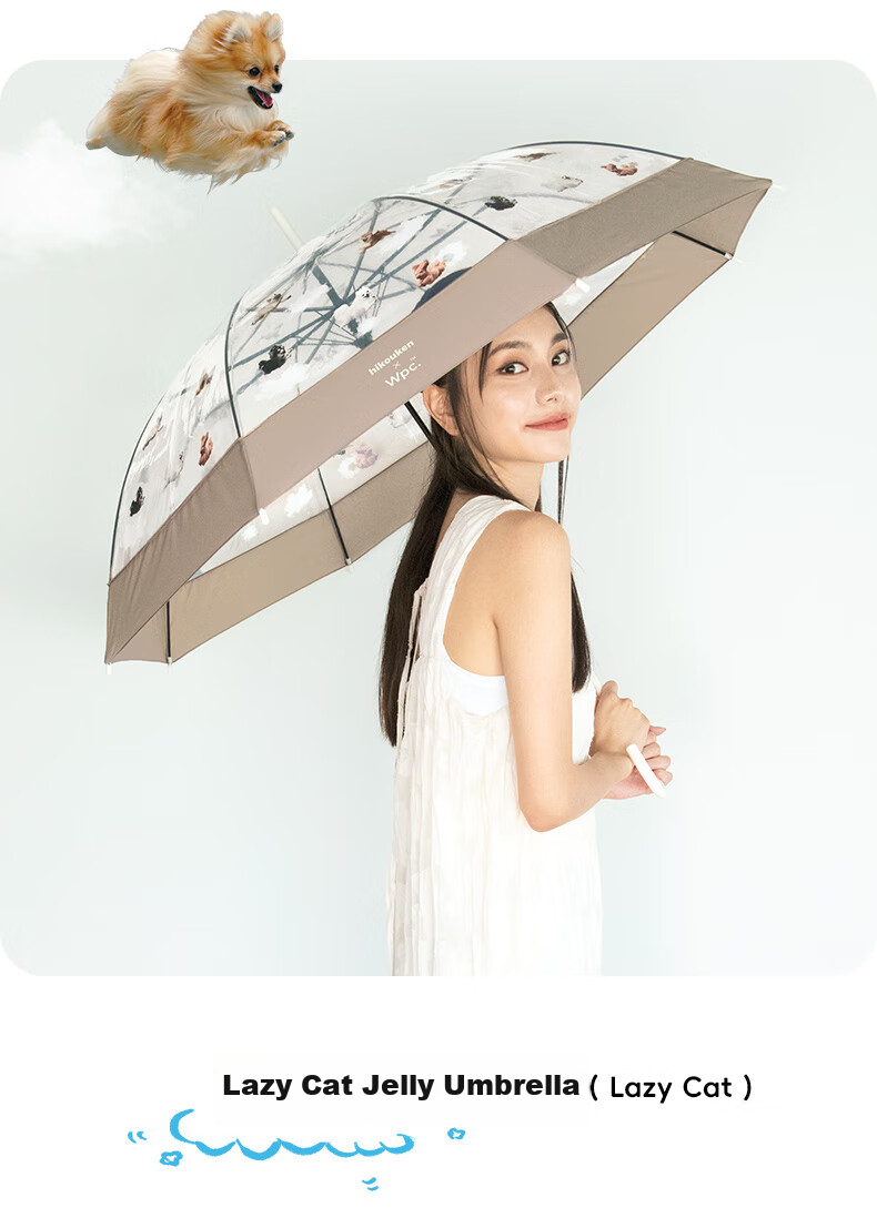 Long Handle Umbrella, Transparent Umbrella, Cute Pet Japanese High-Value Straight Pole Cat Dog Umbrella for Men And Women, Lazy Cat Jelly Umbrella, Beige 11