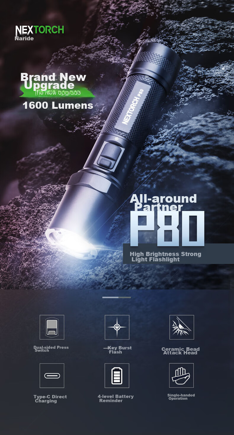 NEXTORCH P80 High Brightness Flashlight 2100 Lumens Outdoor Tactical Long Battery Life Super Bright Patrol Emergency Light 3