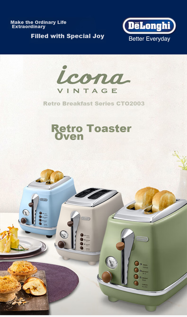 Delonghi Bread Maker, Retro Home Small Toast Maker, Bread Slicer, Heats And Defrosts Sandwiches, Breakfast Toaster, CTO2003.VGR, Olive Green, Gift 3