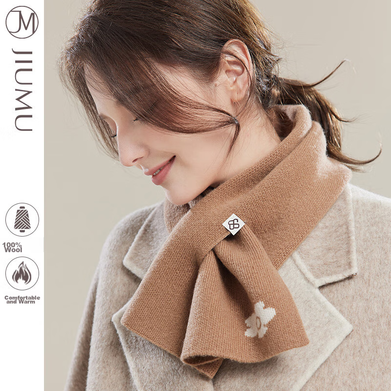 JIUMU Pure Wool Scarf for Women, Autumn And Winter Ladies' Warm Neck Warmer, Lightweight Neck Protection Short Scarf for Women in Winter