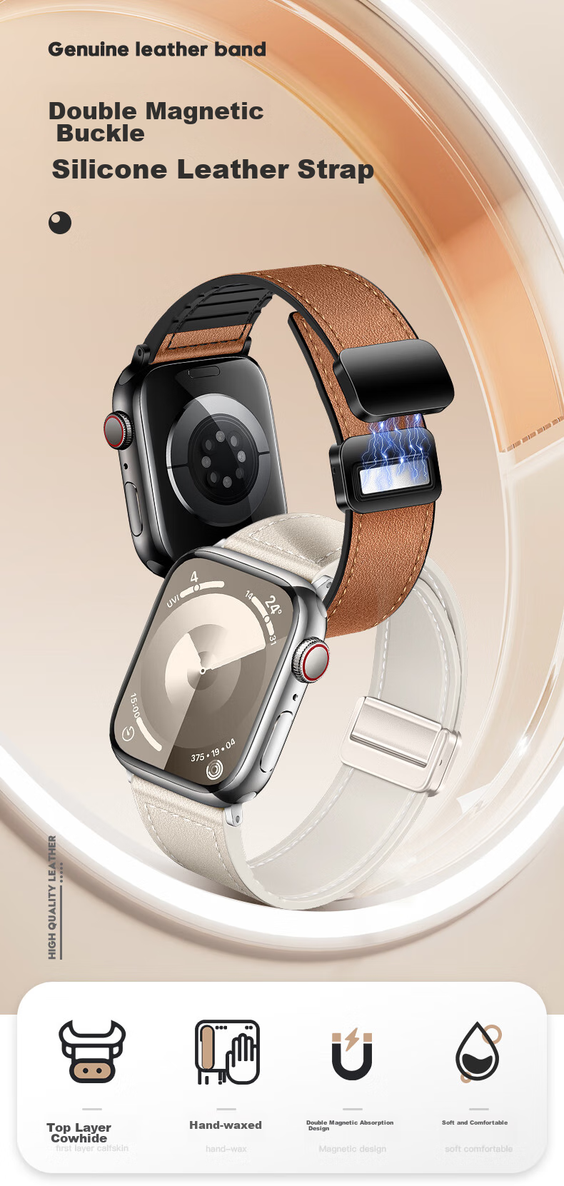 BHO Compatible Apple Watch Band, Genuine Leather Strap for Apple Watch S12/S11, IWatch S10/9/8/7/6/Ultra4/SE3/2/1, Magnetic Clasp, Genuine Leather 1