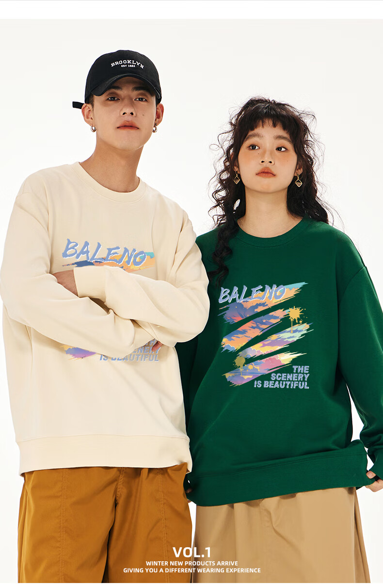 Baleno Men's Crew Neck Sweatshirt Autumn American High Street Heavyweight Graffiti Ins Trendy Hoodless Long Sleeve Top 1