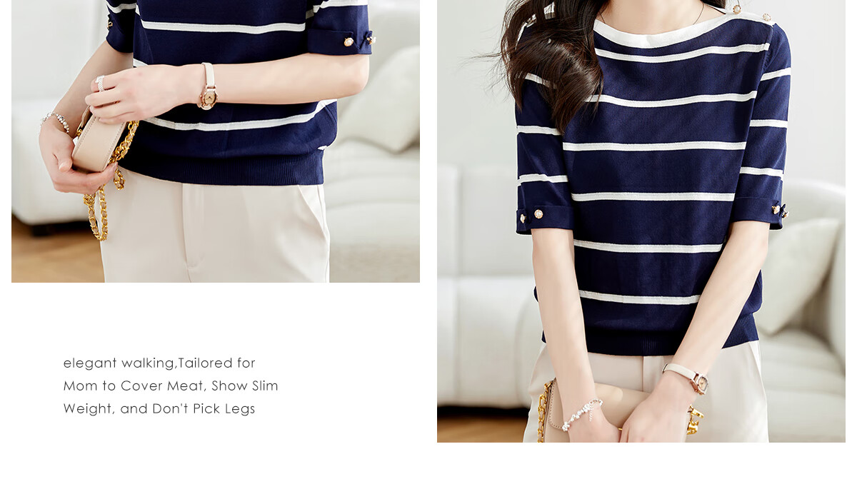 Taxiang Knitted T-Shirt for Women, Striped Contrasting Color Thin Top, Casual Versatile Women's Short-Sleeve T-Shirt T141Z3852 7