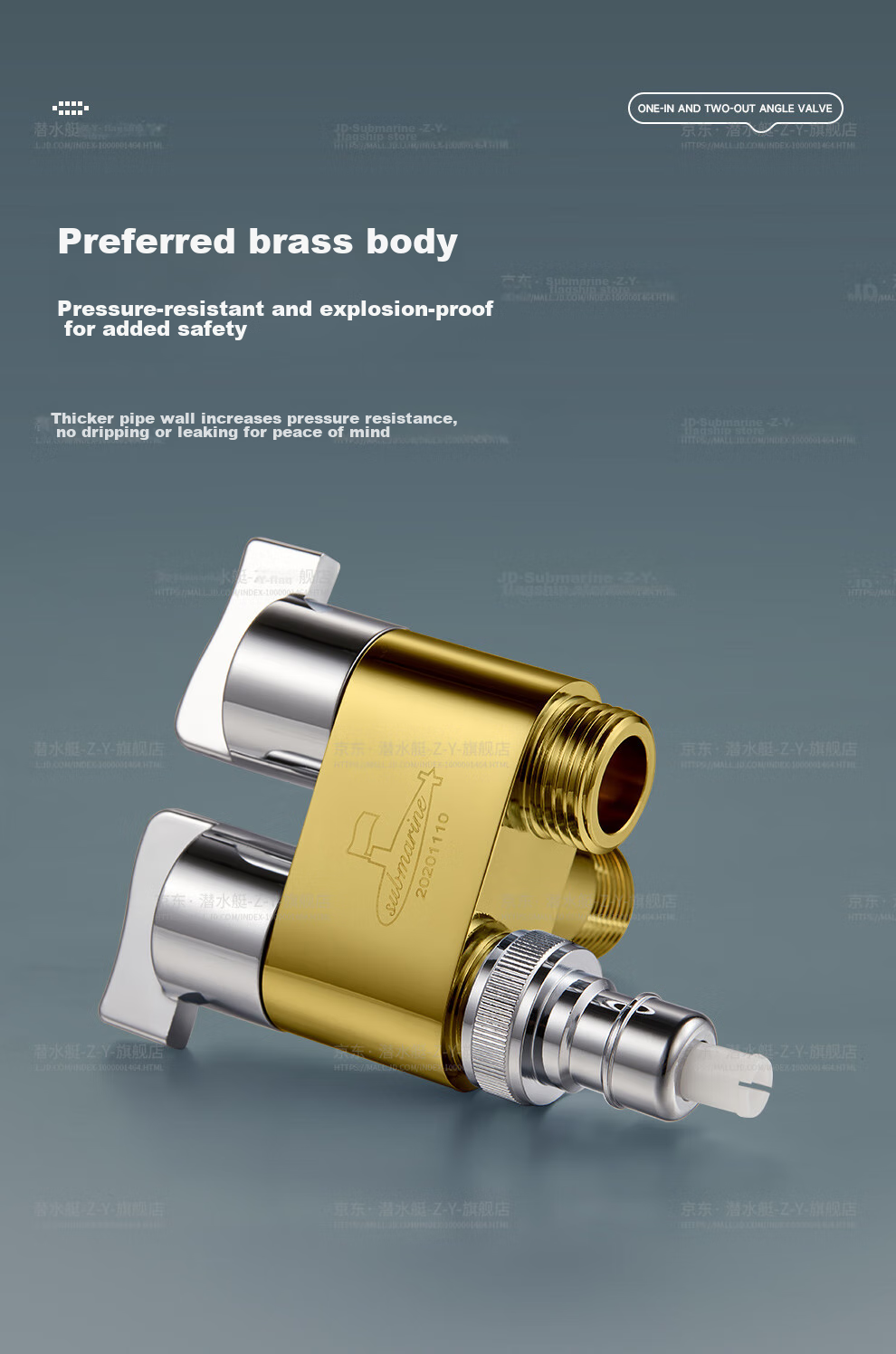 Submarine F408M One-In Three-Way Angle Valve, Brass Double Handle Double Control, 1/2 Inch / 3/8 Inch Universal, with Water Stop Needle, Gun Gray Color 9