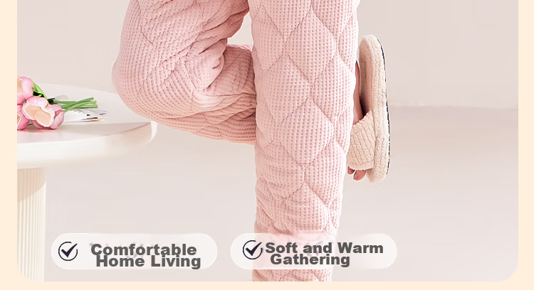 MiiOW Coral Fleece Three-Layer Padded Women's Pajamas, Ultra-Thick Fleece-Lined Warm Loungewear, Suitable for Outdoor Wear, Cherry Blossom Pink 4
