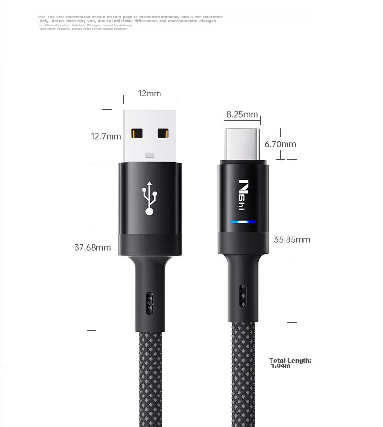 Nengshi Type-C Data Cable, 100W Charging Cord, Super Fast Charging with Auto Power-Off, Suitable for Huawei, OPPO, Honor Nova, Xiaomi, Vivo Phones, 66W Flash Charging Cable, 1 Meter, Transparent Black 22