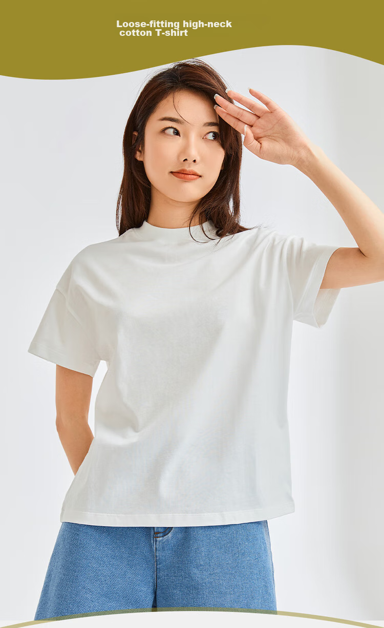 Giordano Women's T-Shirt, Pure Cotton, Skin-Friendly, Elegant Blouse, Comfortable Loose-Fitting Turtleneck Top, Short Sleeve, 05322396 3