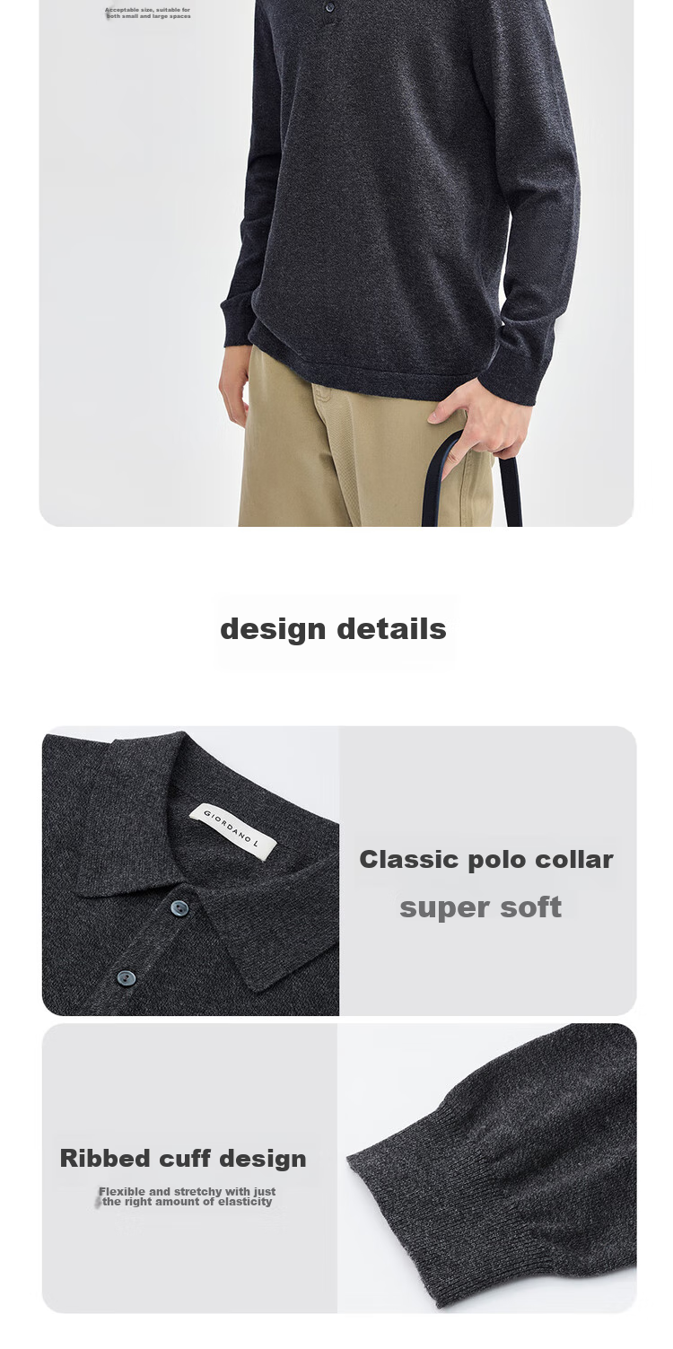 Giordano Men's Shirt Collar Knit Sweater, Anti-Pilling Lapel Sweater, Pure Cotton Men's Long-Sleeve Polo Shirt 18054612 5