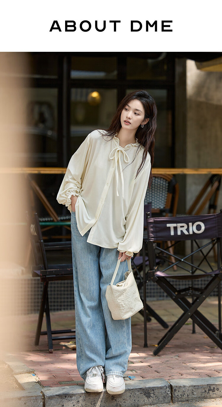 Dme [Retro Elegant Brown Shirt], Spring And Autumn Style, Silk Ribbon Collar, Velvet Blouse for Wome 1