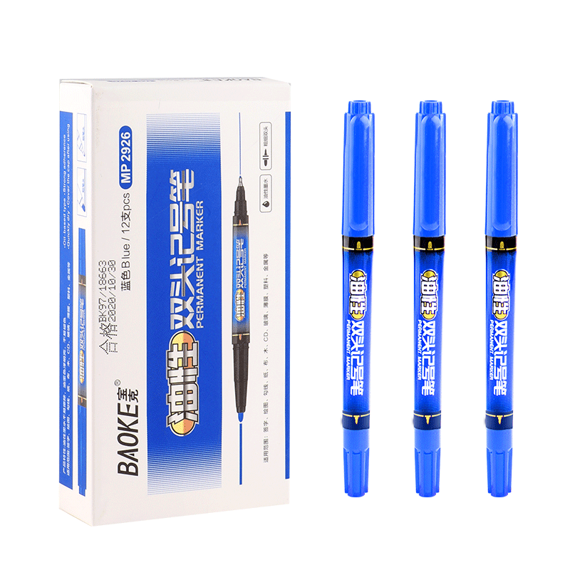 BAOKE MP2926 Oil-Based Marker Pen with Large And Small Tips, Signing Pen, Blue, 12 Pens/box