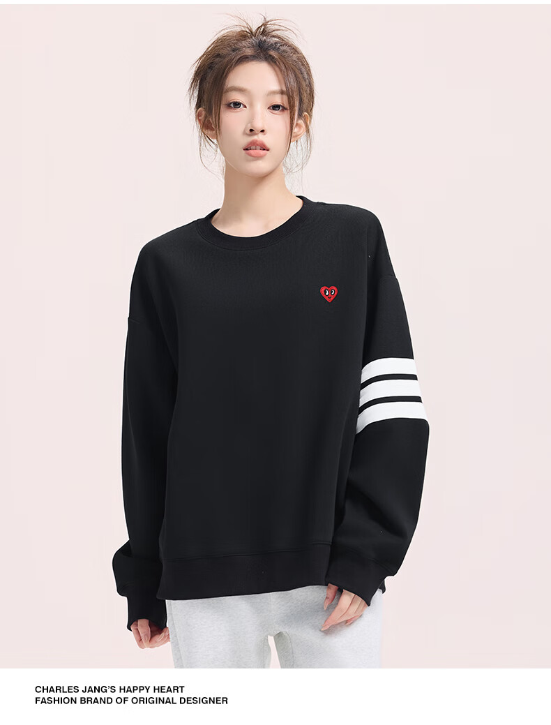 Charles Heart American Style Three Stripes Crewneck Sweatshirt Loose Fit Spring Autumn Couple New Heart Embroidery Long Sleeve Light Heather Gray XS 2