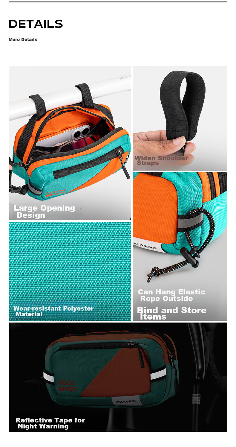 ROCKBROS Bicycle Front Bag for Mountain And Road Bikes, Handlebar Storage Pouch with Reflective Strips, Commuter Cycling Gear, Blue And Orange Color 8