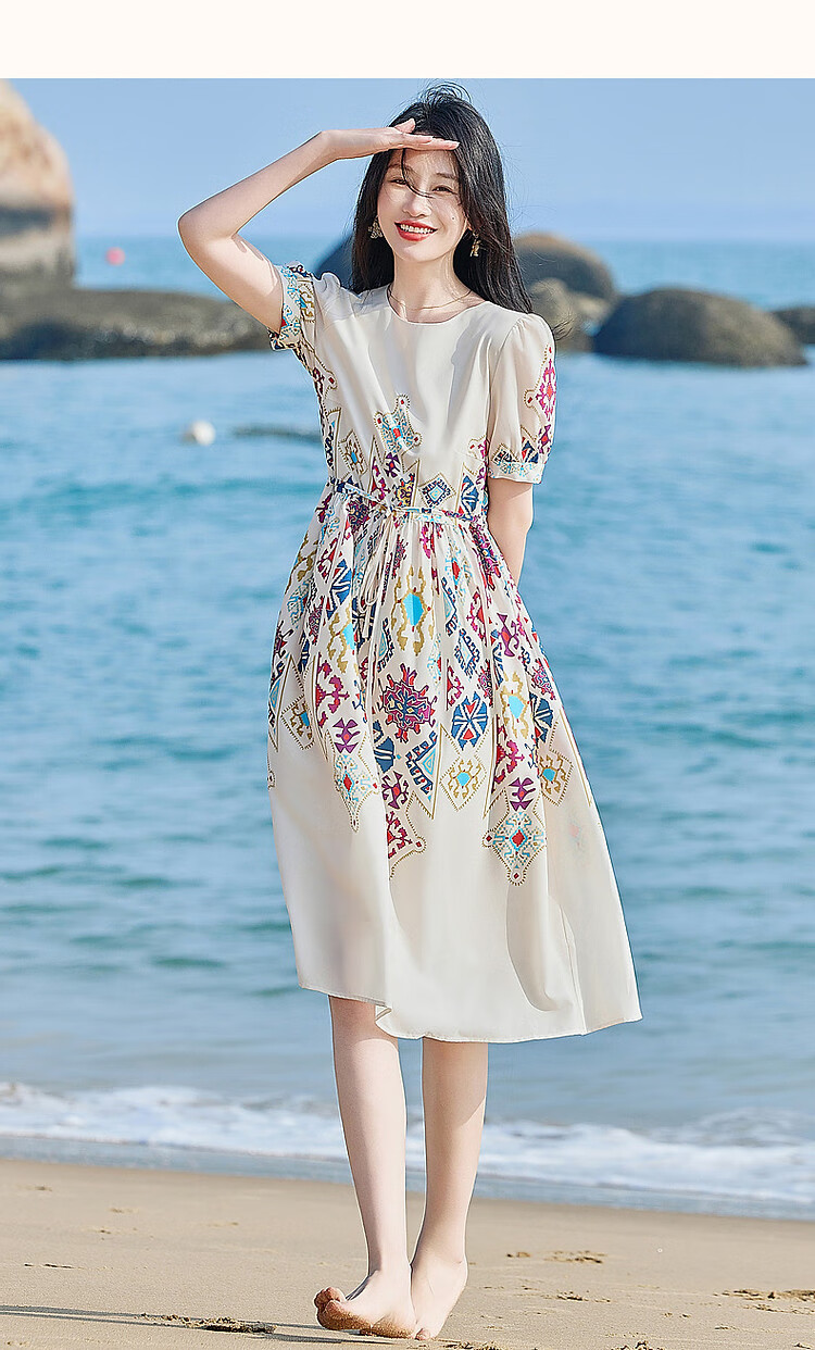 Dme [Romantic French Series] Lightweight, Flowing, Ethereal Atmosphere Non-Positionable Floral Print Mid-Sleeve Women's Dress 15