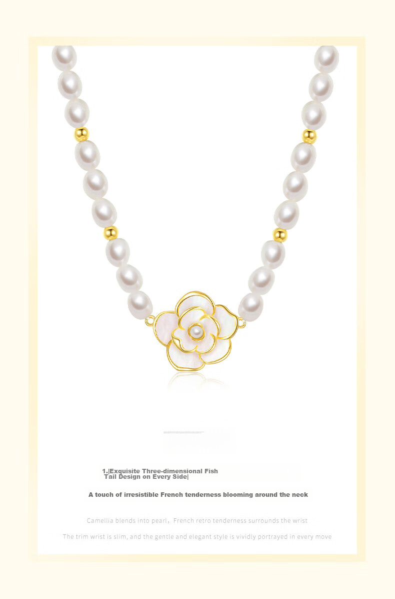 CHOW TAI SENG [Birthday Gift] Camellia Pearl Necklace, Pure Silver Women's Sweater Chain, Elegant Collarbone Chain for Girlfriend 4