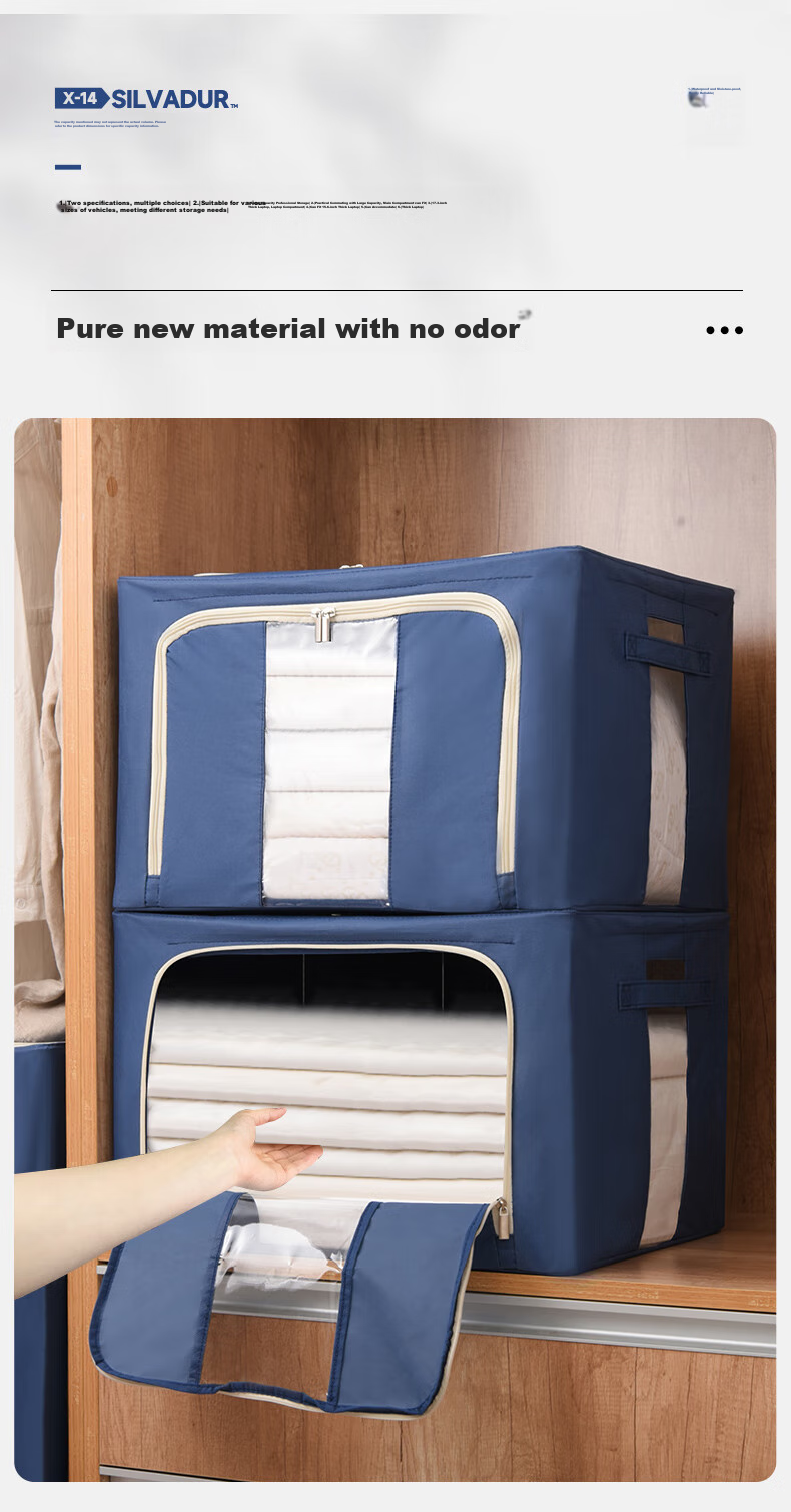 Baicaoyuan Antibacterial Oxford Fabric Storage Box, 36L Moisture-Proof Large Capacity Travel Box, Blue, 2-Pack, Fabric Organizer Box, Clothes And Quilt Storage Container 12