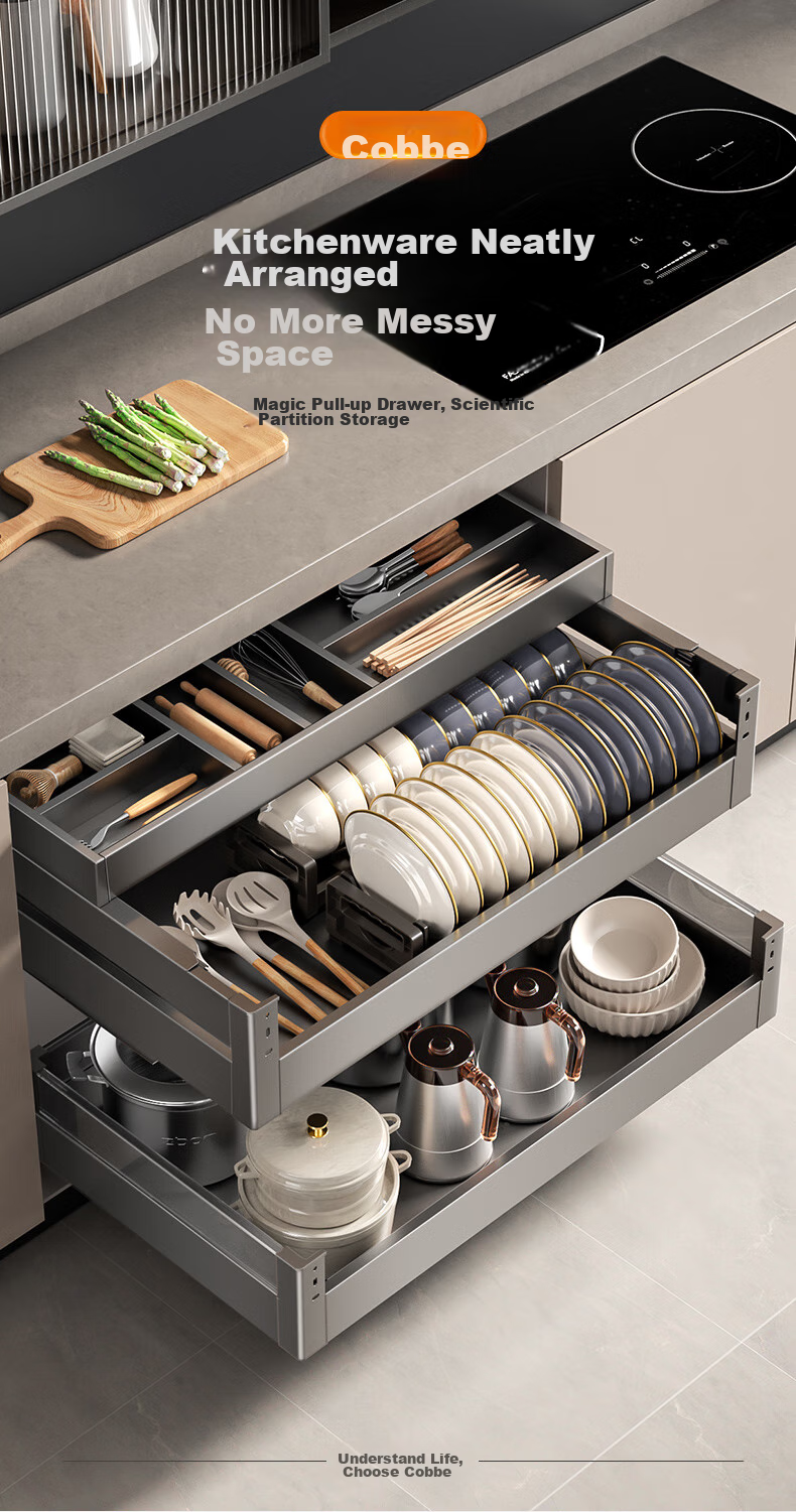 Cobbe Kitchen Pull-Out Basket, Upper And Lower Drawer Series, Three-Tier Space Aluminum Seasoning Bowl Rack Storage Shelf C01H244 Gun Gray 5